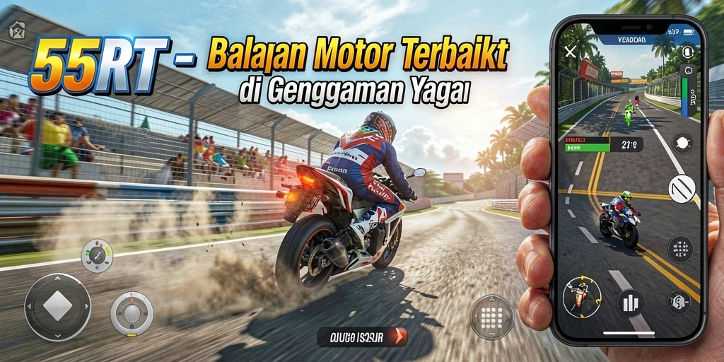 Tangkapan layar 55RT menampilkan aksi balapan motor yang mendebarkan.