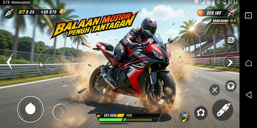 Tampilan gameplay D73 menampilkan balapan motor yang seru dan menegangkan.
