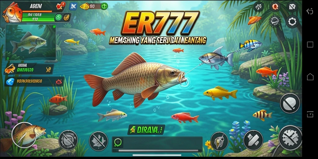 Tampilan dinamis gameplay memancing di ER777 dengan berbagai ikan dan lokasi.