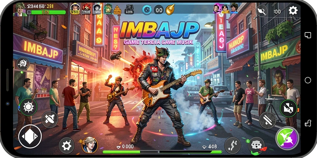 Tampilan antarmuka permainan IMBAJP yang menarik dengan berbagai pilihan lagu.