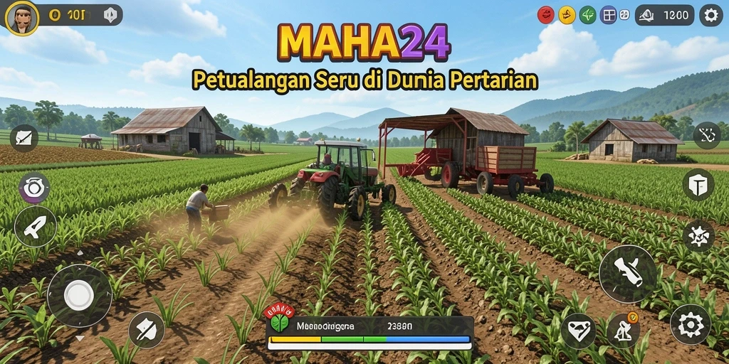 Tampilan gameplay MAHA24 dengan aktivitas bertani yang menarik.