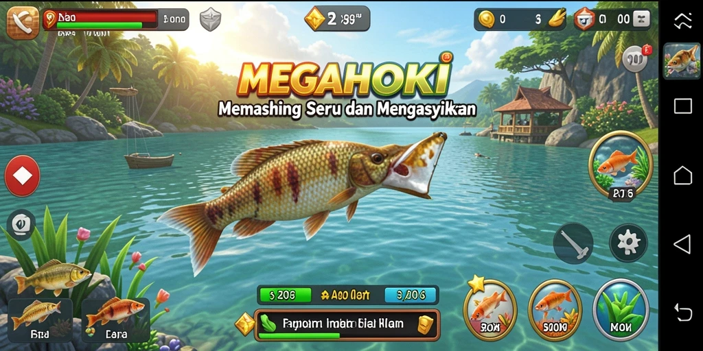 Screenshot gameplay MEGAHOKI menampilkan momen memancing yang menegangkan.