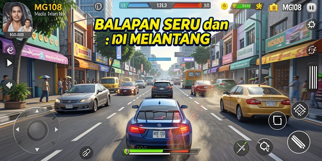 Screenshot gameplay MG108 yang menampilkan aksi balapan seru.