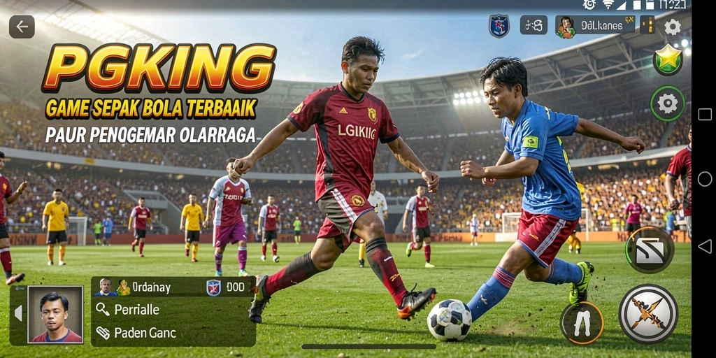 Tampilan gameplay PGKING yang mendebarkan dalam pertarungan sepak bola.