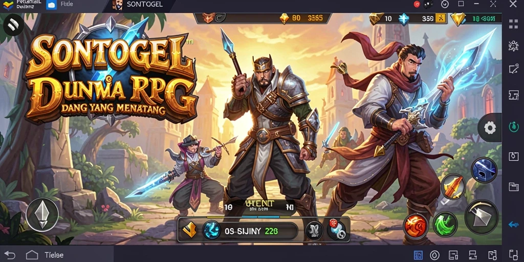 Screenshot utama SONTOGEL menunjukkan karakter dalam pertempuran epik di dunia RPG.
