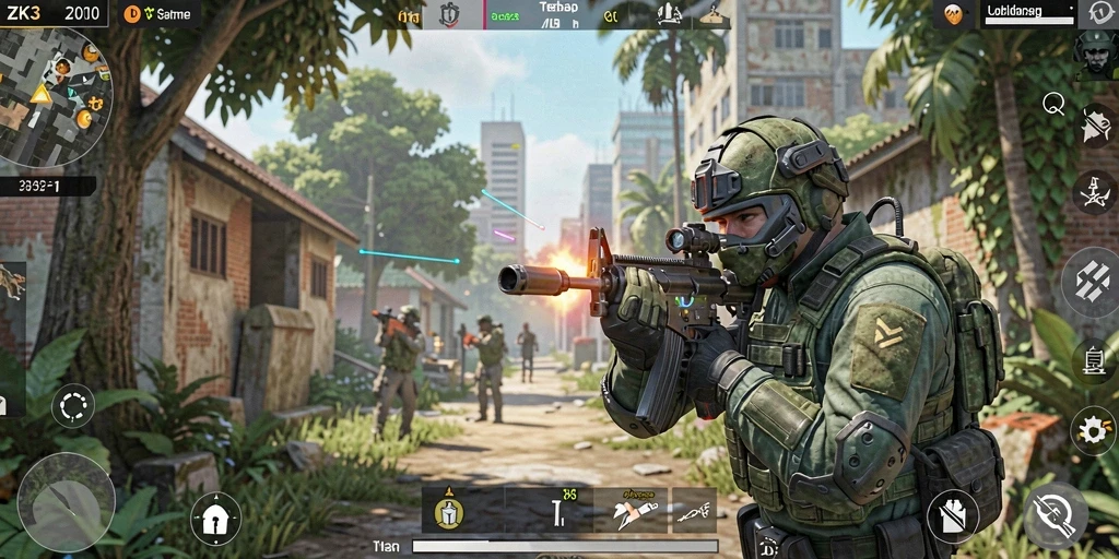 Screenshot gameplay ZK3 menampilkan aksi tembak-menembak yang seru dan intens.